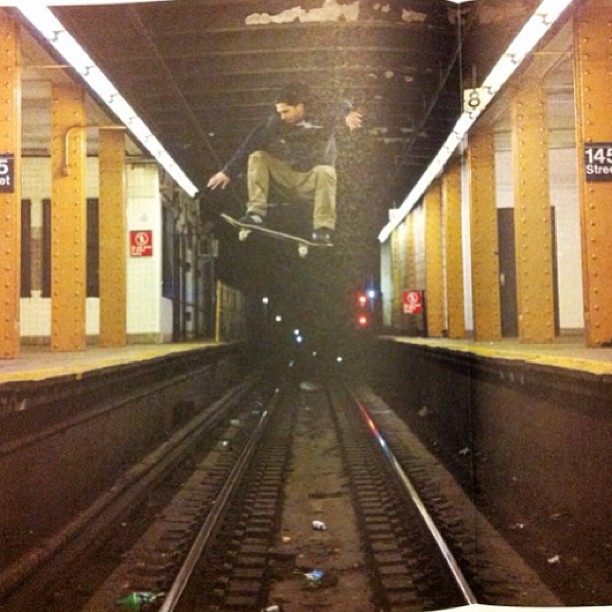 Photo:  Skater Jumping Tracks in 145 Street Train Station